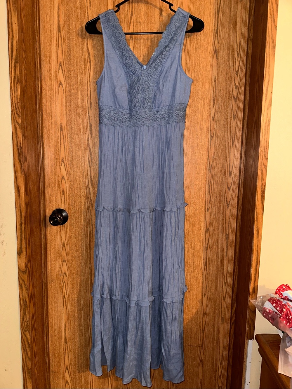 Dusty Blue Sleeveless V-Neck Lace-Trim Maxi Dress
